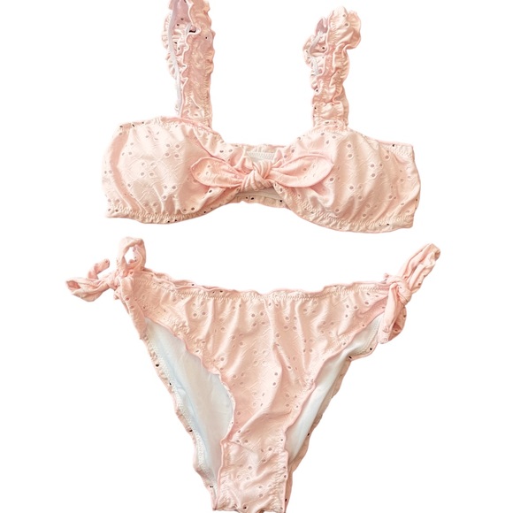 Pink Lacey Textured Fabric Frilled 2 Pc Bikini, Bowknot High Stretch Swimsuits - Picture 6 of 8